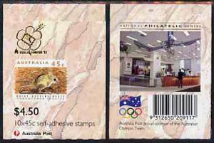 Australia 1992 Threatened Species $4.50 self-adhesive booklet complete (without Olympic Draw flash, with Nat Philatelic Centre advert on back & Kuala Lumpur 92 on front) SG SB78avar