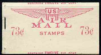 United States 1949 73c Air Mail booklet containing 2 panes of 6 x 6c stapled at left with both panes and covers miscut (through centre of stamp) fine exhibition item