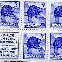 Canada 1954 Beaver 5c blue unmounted mint booklet pane (5 stamps plus label) SG 473a