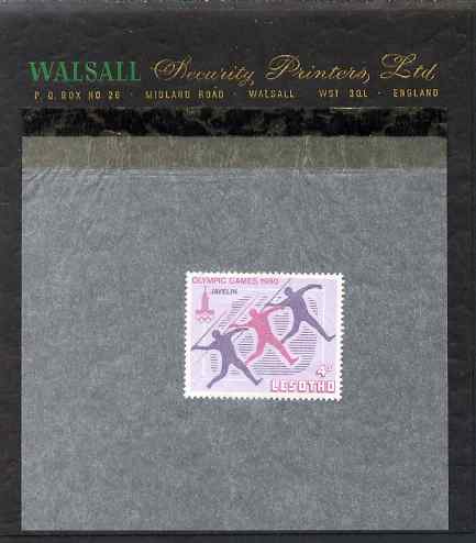Lesotho 1980 Moscow Olympic games 4s (Javelin Thrower) perforated proof essay mounted on Walsall Security Proof card, rare