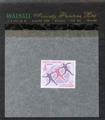 Lesotho 1980 Moscow Olympic games 4s (Javelin Thrower) perforated proof essay mounted on Walsall Security Proof card, rare