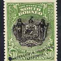 North Borneo 1911 Printers sample of $10 Arms in black & green opt'd 'Waterlow & Sons Specimen' with small security punch hole on ungummed paper (as SG 183)