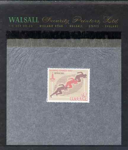 Lesotho 1980 Moscow Olympic games 10s (Sprinters) perforated proof essay mounted on Walsall Security Proof card, rare