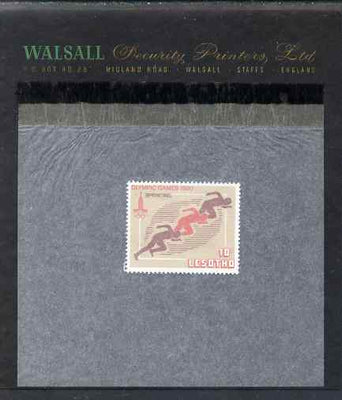 Lesotho 1980 Moscow Olympic games 10s (Sprinters) perforated proof essay mounted on Walsall Security Proof card, rare