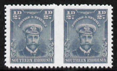 Southern Rhodesia 1924-29 KG5 Admiral 1/2d blue-green horizontal pair imperf between,'Maryland' forgery 'unused', as SG 1a - the word Forgery is printed on the back and comes on a presentation card with descriptive notes