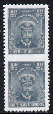 Southern Rhodesia 1924-29 KG5 Admiral 1/2d blue-green vertical pair imperf between,'Maryland' forgery 'unused', as SG 1b - the word Forgery is printed on the back and comes on a presentation card with descriptive notes