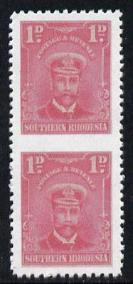 Southern Rhodesia 1924-29 KG5 Admiral 1d rose vertical pair imperf between,'Maryland' forgery 'unused', as SG 2b - the word Forgery is printed on the back and comes on a presentation card with descriptive notes