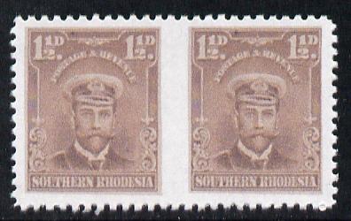 Southern Rhodesia 1924-29 KG5 Admiral 1.5d brown horizontal pair imperf between,'Maryland' forgery 'unused', as SG 3a - the word Forgery is printed on the back and comes on a presentation card with descriptive notes