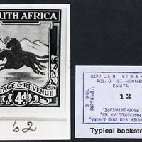 South Africa 1923 KG5 Pictorial issue B&W photograph of original essay for Natal Arms (Wildebeest) denominated 4d approximately twice stamp-size. Official photograph from the original artwork held by the Government Printer in Pret……Details Below