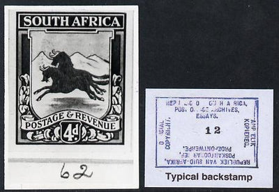 South Africa 1923 KG5 Pictorial issue B&W photograph of original essay for Natal Arms (Wildebeest) denominated 4d approximately twice stamp-size. Official photograph from the original artwork held by the Government Printer in Pret……Details Below