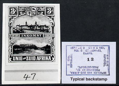 South Africa 1923 KG5 Pictorial Revenue issue B&W photograph of original essay denominated 3d (inscribed in Afrikaans) approximately twice stamp-size. Official photograph from the original artwork held by the Government Printer in……Details Below