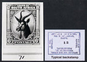 South Africa 1923 KG5 Pictorial issue B&W photograph of original Springbok essay denominated 6d (inscribed in English) approximately twice stamp-size. Official photograph from the original artwork held by the Government Printer in……Details Below