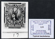 South Africa 1926-27 issue B&W photograph of original 1/2d Springbok essay inscribed in English, approximately twice stamp-size slightly different to issued stamp which is included. Official photograph from the original artwork he……Details Below