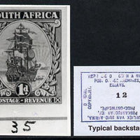 South Africa 1926-27 issue B&W photograph of original 1d Dromedaris essay inscribed in English, approximately twice stamp-size slightly different to issued stamp which is included. Official photograph from the original artwork hel……Details Below