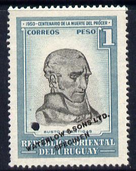 Uruguay 1952 Death Centenary of General Artigas 1p Bust of Artigas Printer's sample in grey & pale blue (issued stamp was olive & greenish-blue) overprinted Waterlow & Sons SPECIMEN with security punch hole without gum, as SG 1020