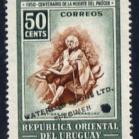 Uruguay 1952 Death Centenary of General Artigas 50c Artigas in Paraguay Printer's sample in brown & grey-blue (issued stamp was olive & orange-brown) overprinted Waterlow & Sons SPECIMEN with security punch hole without gum, as SG 1019