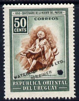 Uruguay 1952 Death Centenary of General Artigas 50c Artigas in Paraguay Printer's sample in brown & grey-blue (issued stamp was olive & orange-brown) overprinted Waterlow & Sons SPECIMEN with security punch hole without gum, as SG 1019