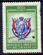 Uruguay 1952 Death Centenary of General Artigas 20c Coat of Arms Printer's sample with green background (issued stamp was orange-yellow) overprinted Waterlow & Sons SPECIMEN with security punch hole without gum, as SG 1018