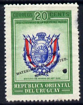 Uruguay 1952 Death Centenary of General Artigas 20c Coat of Arms Printer's sample with green background (issued stamp was orange-yellow) overprinted Waterlow & Sons SPECIMEN with security punch hole without gum, as SG 1018