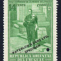 Uruguay 1952 Death Centenary of General Artigas 14c Artigas standing Printer's sample in green (issued stamp was deep blue) overprinted Waterlow & Sons SPECIMEN with security punch hole without gum, as SG 1017