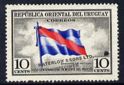 Uruguay 1952 Death Centenary of General Artigas 10c Flag Printer's sample with grey background (issued stamp was red-brown) overprinted Waterlow & Sons SPECIMEN with security punch hole without gum, as SG 1016