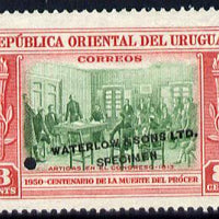 Uruguay 1952 Death Centenary of General Artigas 8c Artigas in Congress Printer's sample in green & red (issued stamp was black & red) overprinted Waterlow & Sons SPECIMEN with security punch hole without gum, as SG 1015