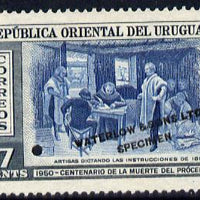 Uruguay 1952 Death Centenary of General Artigas 7c Artigas dictating instructions Printer's sample in blue & grey (issued stamp was black & olive) overprinted Waterlow & Sons SPECIMEN with security punch hole without gum, as SG 1014