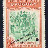 Uruguay 1952 Death Centenary of General Artigas 2c Artigas at Battle of Las Piedras Printer's sample in green & orange (issued stamp was red-brown & violet) overprinted Waterlow & Sons SPECIMEN with security punch hole without gum, as SG 1011