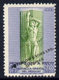 Uruguay 1948 Monument to Rodó (Writer) 20c Statue of Ariel Printer's sample in green & blue (issued stamp was brown & purple) overprinted Waterlow & Sons SPECIMEN with security punch hole without gum, as SG 984
