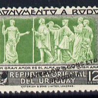 Uruguay 1948 Monument to Rodó (Writer) 12c Bas Relief Printer's sample in green & grey (issued stamp was brown & blue) overprinted Waterlow & Sons SPECIMEN with security punch hole without gum, as SG 983