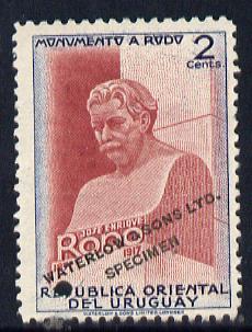 Uruguay 1948 Monument to Rodó (Writer) 2c Statue of Rodo Printer's sample in red-brown & blue (issued stamp was brown & violet) overprinted Waterlow & Sons SPECIMEN with security punch hole without gum, as SG 979