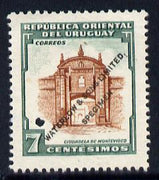 Uruguay 1954 Citadel 7c Printer's sample in brown & green,(issued stamp was green & brown) overprinted Waterlow & Sons SPECIMEN with security punch hole without gum, as SG 1033