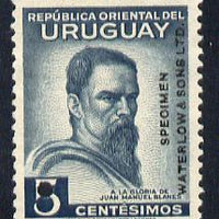 Uruguay 1941 40th Death Anniversary of Blanes (artist) 5c Printer's sample in blue-grey (issued stamp was carmine-rose) overprinted Waterlow & Sons SPECIMEN with security punch hole without gum, as SG 858