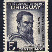 Uruguay 1941 40th Death Anniversary of Blanes (artist) 5c Printer's sample in dark grey (issued stamp was carmine-rose) overprinted Waterlow & Sons SPECIMEN with security punch hole without gum, as SG 858
