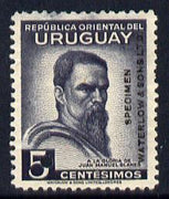 Uruguay 1941 40th Death Anniversary of Blanes (artist) 5c Printer's sample in dark grey (issued stamp was carmine-rose) overprinted Waterlow & Sons SPECIMEN with security punch hole without gum, as SG 858
