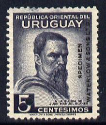 Uruguay 1941 40th Death Anniversary of Blanes (artist) 5c Printer's sample in dark grey (issued stamp was carmine-rose) overprinted Waterlow & Sons SPECIMEN with security punch hole without gum, as SG 858