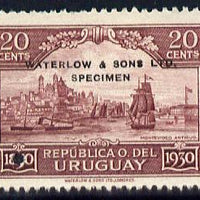 Uruguay 1930 Centenary of Independence 20c Montevideo Harbour Printer's sample in red-brown (issued stamp was slate-blue) overprinted Waterlow & Sons SPECIMEN with security punch hole without gum, as SG 647