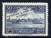 Uruguay 1930 Centenary of Independence 50c Montevideo Harbour Printer's sample in blue (issued stamp was vermilion) overprinted Waterlow & Sons SPECIMEN with security punch hole without gum, as SG 649