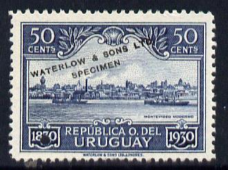 Uruguay 1930 Centenary of Independence 50c Montevideo Harbour Printer's sample in blue (issued stamp was vermilion) overprinted Waterlow & Sons SPECIMEN with security punch hole without gum, as SG 649