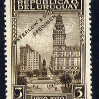 Uruguay 1930 Centenary of Independence 3c Montevideo Printer's sample in chocolate (issued stamp was yellow-green) overprinted Waterlow & Sons SPECIMEN with security punch hole without gum, as SG 642