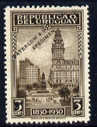 Uruguay 1930 Centenary of Independence 3c Montevideo Printer's sample in chocolate (issued stamp was yellow-green) overprinted Waterlow & Sons SPECIMEN with security punch hole without gum, as SG 642