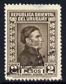 Uruguay 1929 Artigas 2p Printer's sample in brown (issued stamp was green or scarlet) overprinted Waterlow & Sons SPECIMEN with security punch hole without gum, as SG 596/7