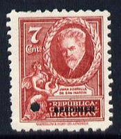 Uruguay 1933 Zorilla de San Martin 7c Printer's sample in claret (issued stamp was slate-blue) with security punch hole & overprinted SPECIMEN without gum, as SG 691