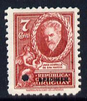Uruguay 1933 Zorilla de San Martin 7c Printer's sample in claret (issued stamp was slate-blue) with security punch hole & overprinted SPECIMEN without gum, as SG 691