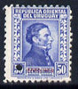 Uruguay 1928 Artigas 50c Printer's sample in blue (issued stamp was lilac-grey or black or sepia) with security punch hole & overprinted SPECIMEN without gum, as SG 563/4/5