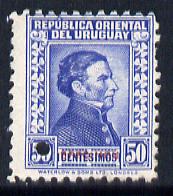 Uruguay 1928 Artigas 50c Printer's sample in blue (issued stamp was lilac-grey or black or sepia) with security punch hole & overprinted SPECIMEN without gum, as SG 563/4/5