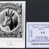 South Africa 1926-27 issue B&W photograph of original 1/2d Springbok essay inscribed in English, approximately twice stamp-size. Official photograph from the original artwork held by the Government Printer in Pretoria with authori……Details Below