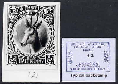 South Africa 1926-27 issue B&W photograph of original 1/2d Springbok essay inscribed in English, approximately twice stamp-size. Official photograph from the original artwork held by the Government Printer in Pretoria with authori……Details Below