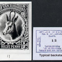 South Africa 1926-27 issue B&W photograph of original 1/2d Springbok essay inscribed in Afrikaans, approximately twice stamp-size. Official photograph from the original artwork held by the Government Printer in Pretoria with autho……Details Below
