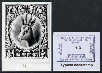 South Africa 1926-27 issue B&W photograph of original 1/2d Springbok essay inscribed in Afrikaans, approximately twice stamp-size. Official photograph from the original artwork held by the Government Printer in Pretoria with autho……Details Below